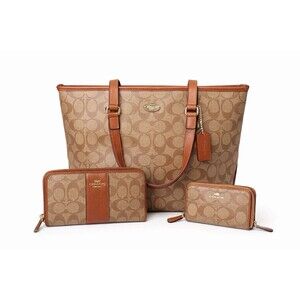 Coach Signature Tote Bag + 2 Wallets Khaki Saddle Brown PVC Leather Set